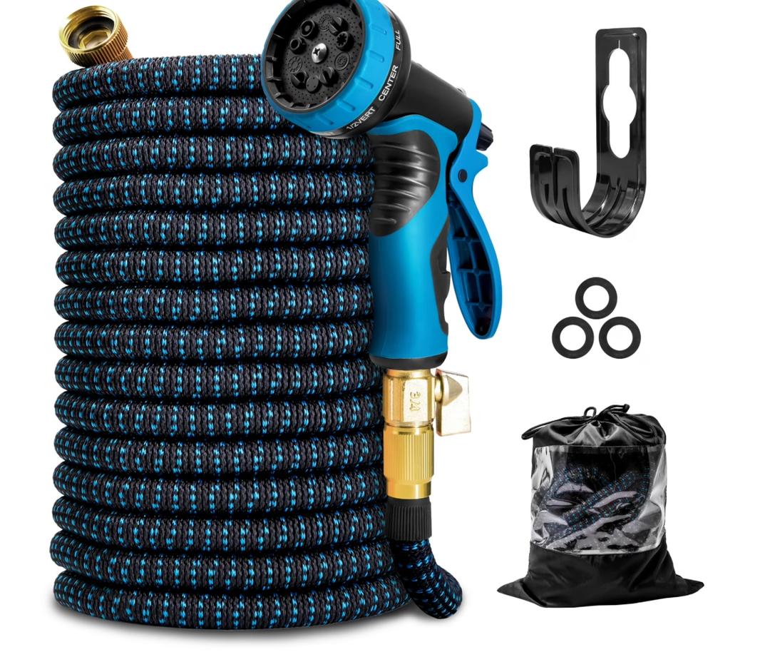 Kotto Expandable Garden Hose for Outside with 10 Spray Nozzles, Hose Holder, Blue, 25 ft