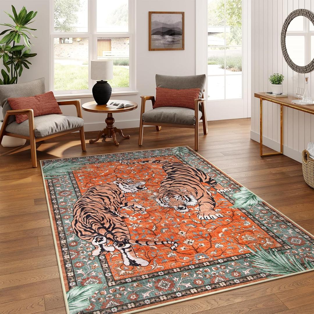 Moynesa Tiger 5x7 Area Rug, Boho Washable Living Room Rug, Non Slip Rugs for Bedroom, Ultra Thin Vintage Soft Stain Resistant Throw Floor Carpet for Office Dining Room, Rust