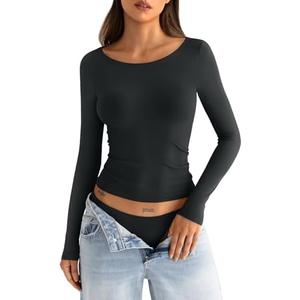 Eachyes Womens Seamless Boat Neck Tops Casual Layering Long Sleeve Shirts Basic Fitted Spring Fall Clothes 2025, S