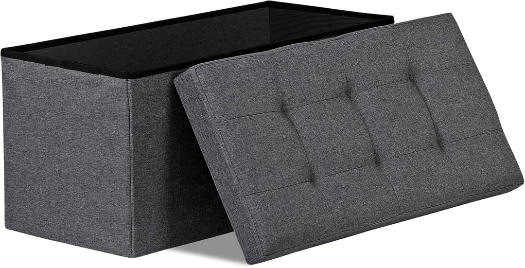 SUPER DEAL 30 Inches Storage Ottoman Bench Folding Footstool with Divider Padded Seat Large Storage Chest Long Box for Living Room Bedroom Entryway, 660 lbs Capacity 15" x 30" x 15" Dark Grey