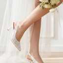Slingback Wedding Heels for Women Bridal Lace Mesh Kitten Heel Closed Pointed Toe Pearl Pumps Shoes (White) Size 7 