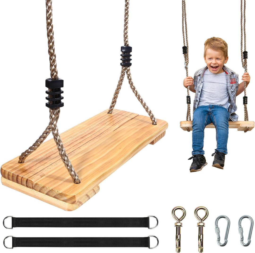 NOSTIFY Wooden Swing Seat, Nostalgic Outdoor Wood Swing for Kids , Tree Straps Set Accessories for Backyard Patio Garden Playground, Height Adjustable