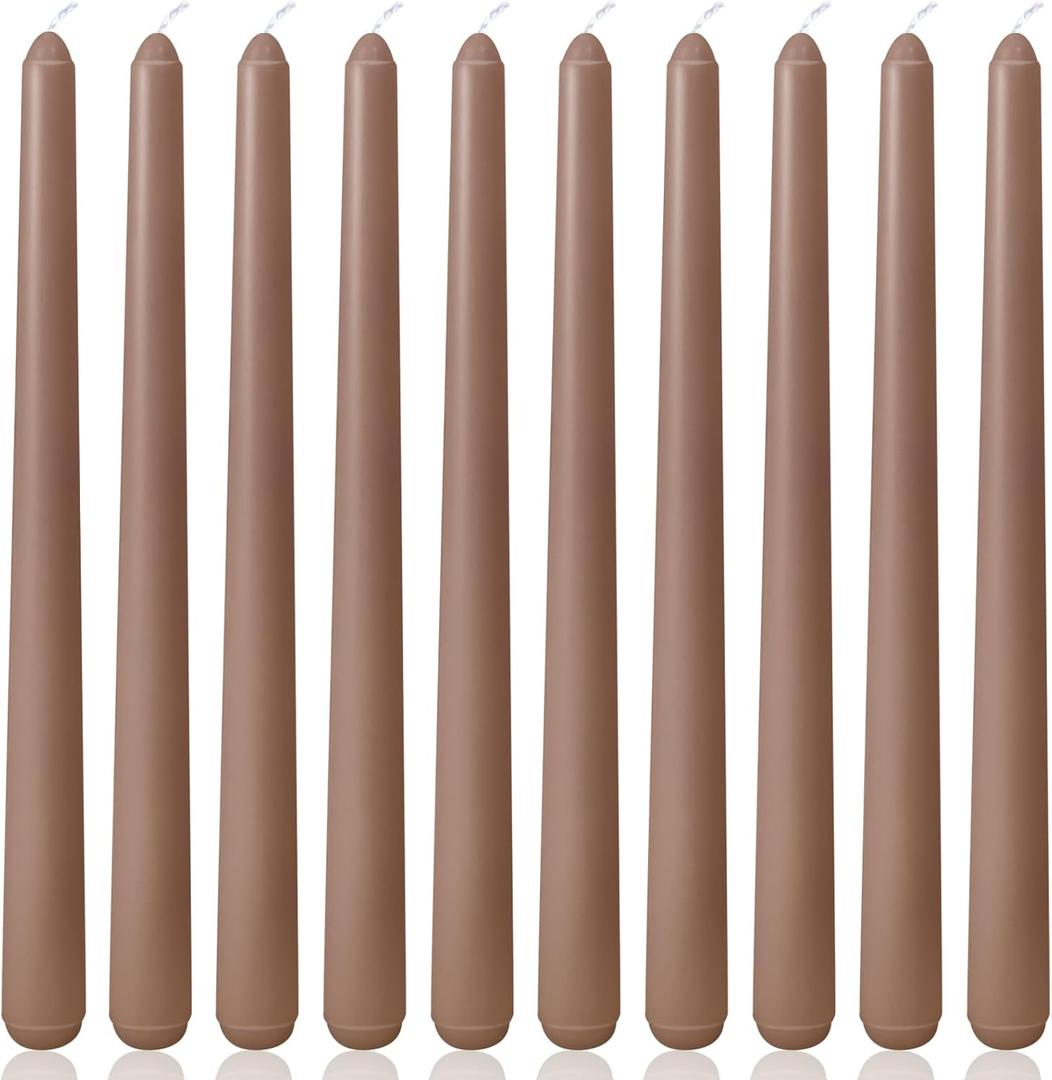 10 Inch Grayish-Brown Taper Candles for Home Decoration, 10 Pack Unscented Candlesticks for Dinner Wedding Party, Smokeless and Dripless Candle Sticks