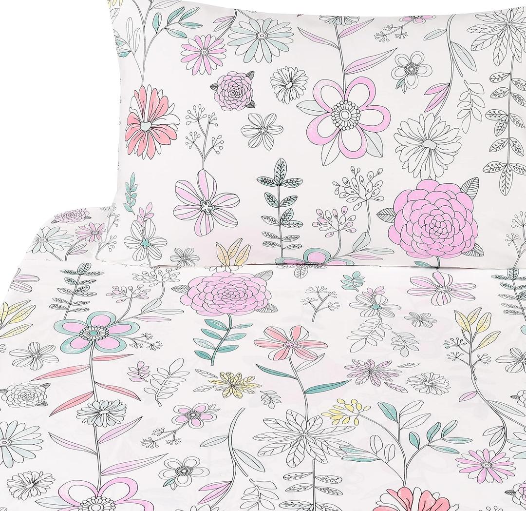 J pinno Painting Flower Plant Cute Cozy Fun Twin Sheet Set for Kids Girls Children 100% Cotton Flat Sheet + Fitted Sheet + Pillowcase Bedding Set (Flower, Twin)