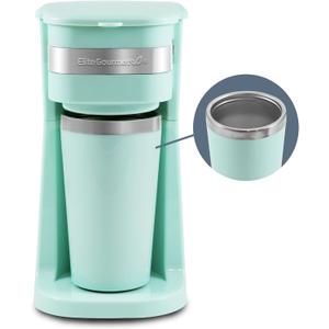 Elite Gourmet EHC113M Personal Single-Serve Compact Coffee Maker Brewer Includes 14Oz. Stainless Steel Interior Thermal Travel Mug, Compatible with Coffee Grounds, Reusable Filter, Mint