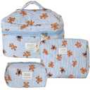 3PCS Quilted Make Up Bag Set Cute Cotton Make Up Pouch Blue Striped Bear Cosmetic Bag Set Large Travel Toiletry Bag For Women(B)