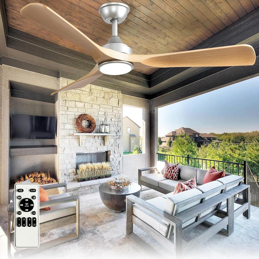 Outdoor Ceiling Fan with Light: 52 Inch 3 Blade Outdoor Fans for Patios - Modern Wood Ceiling Fan with Dimmable Light Remote APP Control Ultra Quiet Reversible DC Motor Timer