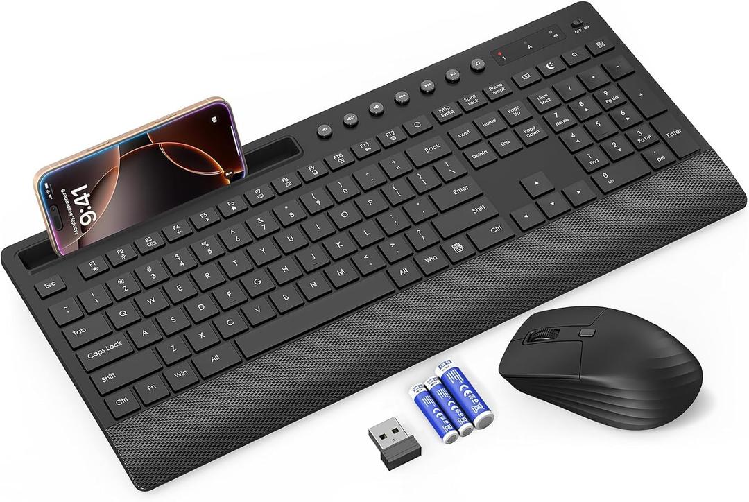 Trueque Wireless Keyboard and Mouse Combo  FullSize Quiet Keyboard with Palm Rest, Phone Holder, Multimedia Keys, Power Switch, Compatible with Windows, Chrome OS, PC, Laptop (Batteries Included)