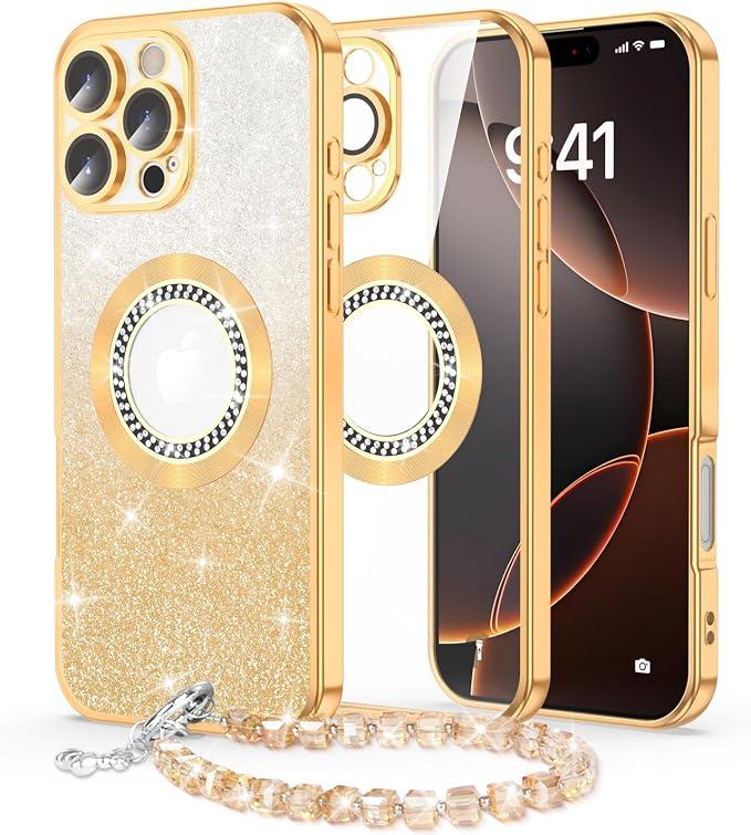 Designed for iPhone 16 Pro Max Case Magnetic Glitter with Wrist Strip & Camera Lens Protector [Compatible with MagSafe], Luxury Gold Plating Cover Shockproof Protective Case (Gold)