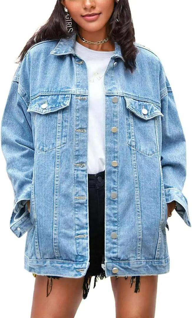 Omoone Women's Oversized Mid Long Denim Jacket Jean Biker Coat (0199-Denim Blue-XL)