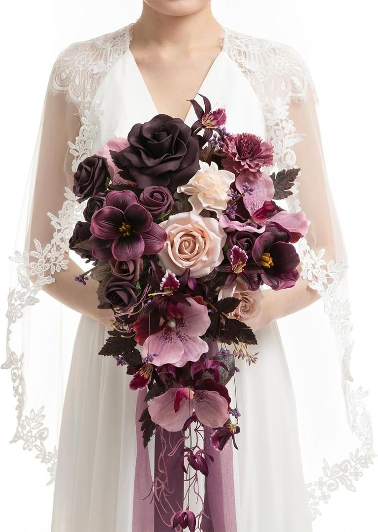 Ling's moment Purple Bridal Bouquet Cascading, Plum Wedding Bouquets for Bride, 13 Inch Bride Bouquets for Wedding Artificial Flowers Bouquets