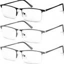 3 Pack Blue Light Blocking Reading Glasses for Men, Stylish Half Frame Metal Computer Readers, Lightweight Spring Hinge Eyeglasses Anti Eyestrain/Glare/UV (2PCS Gray+1PCS Black,+3.0)