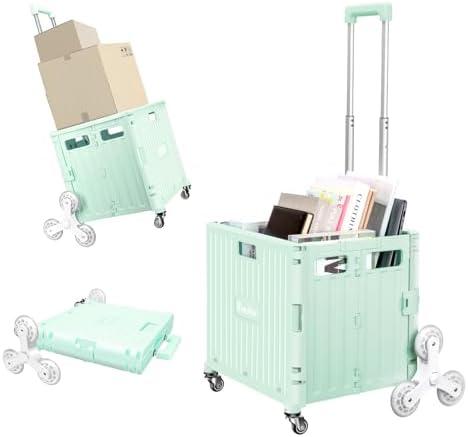 Foldable Rolling Crate for Stair Climbing : Utility Cart for Grocery File Office Book (Light Green)