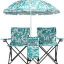 Double Folding Camping Chair W/Umbrella Fold Up Table Beverage Holder Carrying Bag Cooler for Patio Pool Park Outdoor Beach, Picnic, Portable (Pineapple)
