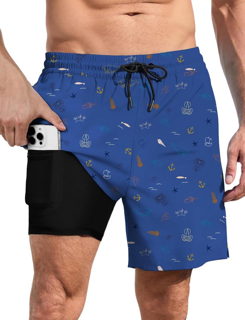Lzzidou Men Swim Trunks with Compresssion Liner 7 Inch Inseam Board Shorts Bathing Suit with Zipper Pockets (XX-Large)