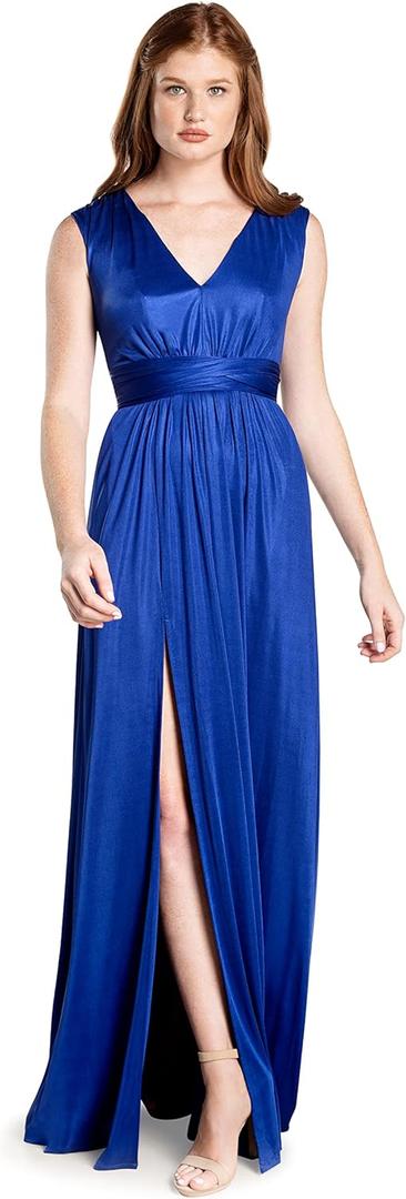 DRESS THE POPULATION Women's Krista V Neck Tie Waist Coated Jersey Slit Front Maxi Dress (Medium, Electric Blue)