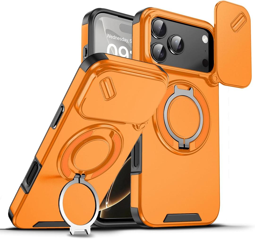 chubbycable Phone Case for iPhone 17 Pro Chubbyarmor 2.0 Military-Grade Shockproof Magnetic Case with Camera Slide & 360 Kickstand Ring, Orange