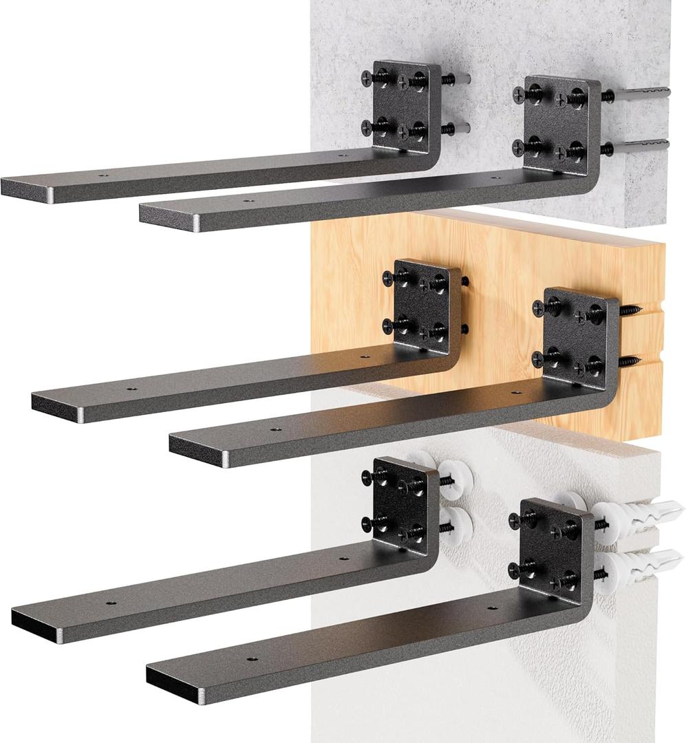 HOZE Sturdy Heavy Duty Shelf Bracket 8-Inch Set of 6, Perfect for Floating Shelves, Made from 1/5" Thick Metal in Matte Black Finish