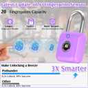 Pothunder Fingerprint Padlock, Smart Padlock, Locker Lock, Combination Fingerprint Lock with APP Unlock, USB Rechargeable, Suitable for Gym Locker(Lavender Purple)