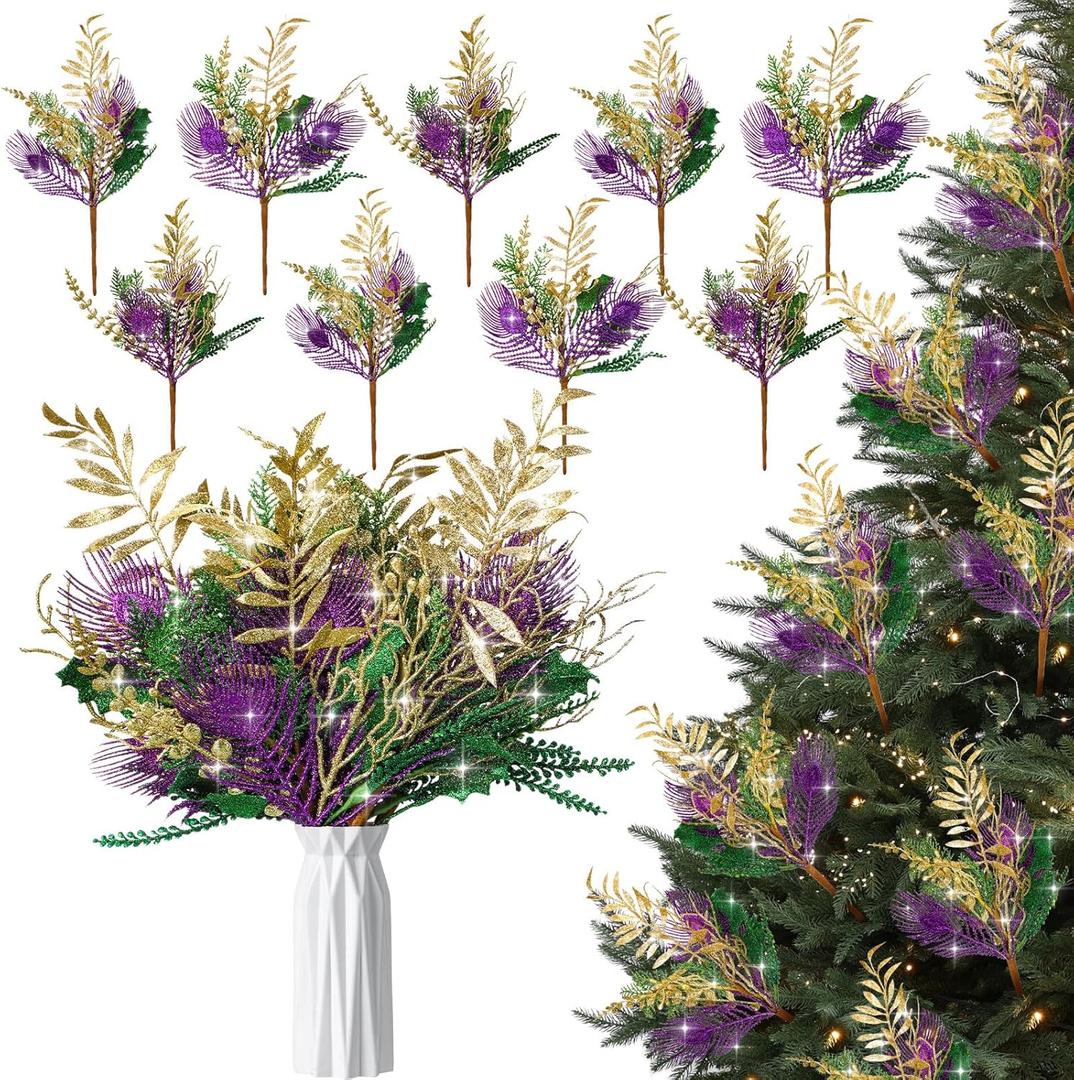 9 Pcs 17.7 Inch Mardi Gras Picks Decoration Centerpieces for Tables Mardi Gras Glitter Picks Purple Green Gold Decor Floral Stems Sprays Artificial Branch for Tree Topper Ornament DIY Decor