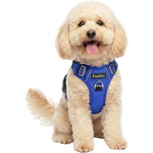 Funfox Dog Harness No Pull, Adjustable Pet Vest Harness, Super Soft Material with Vertical Handle Easy Control, Reflective Night Walking, 2 Leash Clips for Small Sized Dogs, Blue, S