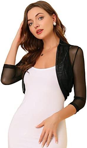 Allegra K Women's 3/4 Sleeve Sheer Mesh Shrug Open Front Cropped Bolero Cardigan L