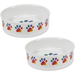 Bone Dry Ceramic Food Bowls, Non-Slip & Dishwasher Safe, Large Set, 7.5x2.4, Rainbow Paw, 2 Count