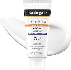 Neutrogena Clear Face Sunscreen Lotion for AcneProne Skin, Broad Spectrum SPF 50, Sunscreen for Face & Oily Skin, Oil,Fragrance & OxybenzoneFree, Water Resistant, Matte, Unscented, 3 Fl Oz