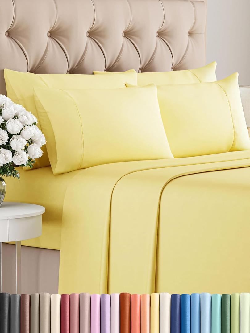 Queen Sheets Set 6 Piece - Bed Sheets Queen Size - Soft Hotel Luxury Bedding - Cooling, Comfy & Breathable - 1 Flat & 1 Fitted & 4 Pillowcases w/ Deep Pockets - Wrinkle Resistant & Fade Free - Yellow