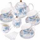 fanquare Blue Flowers Porcelain Tea Set, Tea Cup and Saucer Set Service for 6, Wedding Tea Set with Sugar Bowl Cream Pitcher, Floral Coffee Set for Tea Party