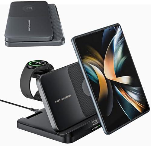 for Samsung Galaxy Z Fold 7 6 5 4 Wireless Charger Station, 3 in 1 Foldable Wireless Charging Stand Fast Charging Dock for Galaxy Z Flip 7 6 5 4 / Galaxy S25/S25 Ultra/Galaxy Watch/Galaxy Buds