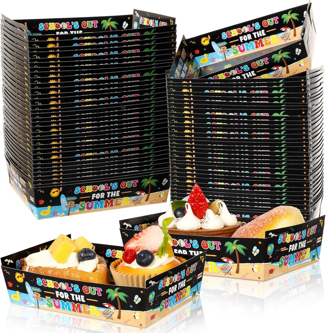 100 Pcs Schools Out for Summer Party Food Boxes End Of The School Year Food Trays Summers Vacation Party Decorations Hello Summer Paper Snack Tray Boats for Classroom Summers Vacation Parties Supplies