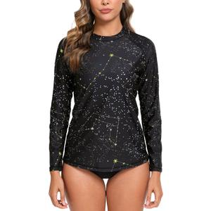 Halcurt Womens Long Sleeve Rash Guard Swim Top with Built in Bra UPF50+ Sun Protection Swim Shirts Quick Dry Swimsuit (Medium, Black/Galaxy) Halcurt Womens Long Sleeve Rash Guard Swim Top with Built in Bra UPF50+ Sun Protection Swim Shirts Quick Dry Swimsuit (Medium, Black/Galaxy)
