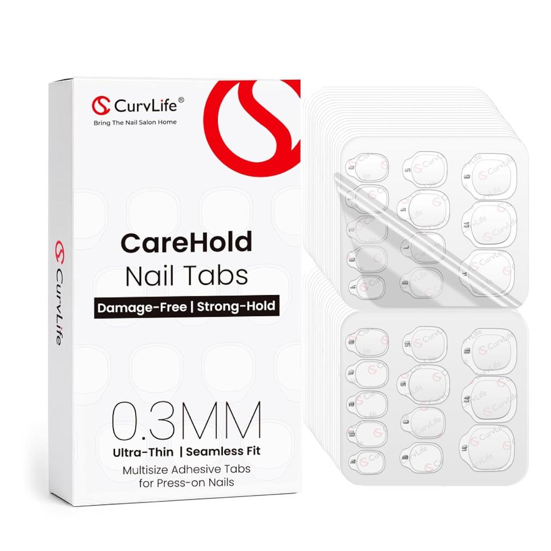 Curvlife CareHold Nail Adhesive Tabs for Press On Nails  20 Sheets, 12 Sizes Strong Hold 0.3mm Ultra Thin Nail Glue Stickers Waterproof Breathable Double Sided Sticky Tabs, Gentle Removal