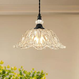 1 Piece Black Chandelier Light Fixtures with Glass Shade, Black Farmhouse Pendant Light,Hanging Light for Kitchen Island Room,Hallway,Living Room,Bedroom (Black Braided Cord)