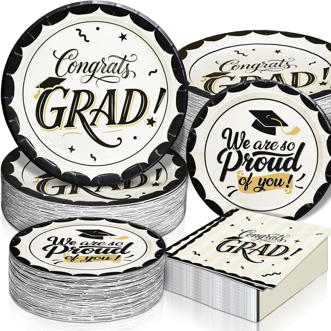 Black and White Disposable Dinnerware Set for 50 Guests - 150 Pcs Graduation Party Supplies with Thickened Plates, Dessert Plates and Napkins