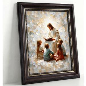 Dark Brown Framed Jesus Teaching Kids Canvas Wall Art Christian Children Room Wall Decor Picture Children Of God Watercolor Poster Print for Kids room living room bedroom home decoration