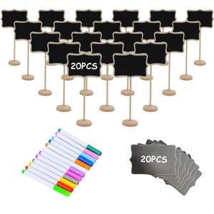 20PCS Wood Mini Chalkboard Sign and Replacement Stickers, Food Labels for Party Buffet, Black board for Message Board Signs, Weddings Place Cards, Birthday Party, 2 Pack
