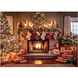 VitalCozy Christmas Fireplace Backdrop Christmas Xmas Tree Stocking Polyester Background Decoration for Photo Studio Props(Colorful, 10 x 8 ft)