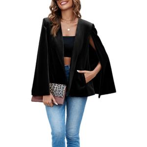 Cicy Bell Women's Velvet Cape Blazer Jackets Casual Split Long Sleeve Open Front Coat (Medium, Black)