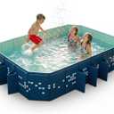 Foldable Pool Non-Inflatable, Large Collapsible Swimming Pool for Kids Adults, Hard PVC Board, 10 Triangle Supports, Family Backyard Outdoor Pool, Blue86.6" 53.1" 19.7"