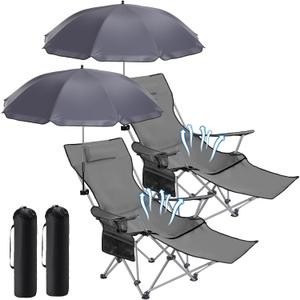 Karenhi 2 Set Reclining Beach Chair with Umbrella for Adult Folding Camping Chair with Foot Rest Adjustable Clamp Canopy Shade for Outdoor Patio Travel Beach Fishing Picnic(Grey), 60.63 inches x 21.26 inches x 35.04 inches