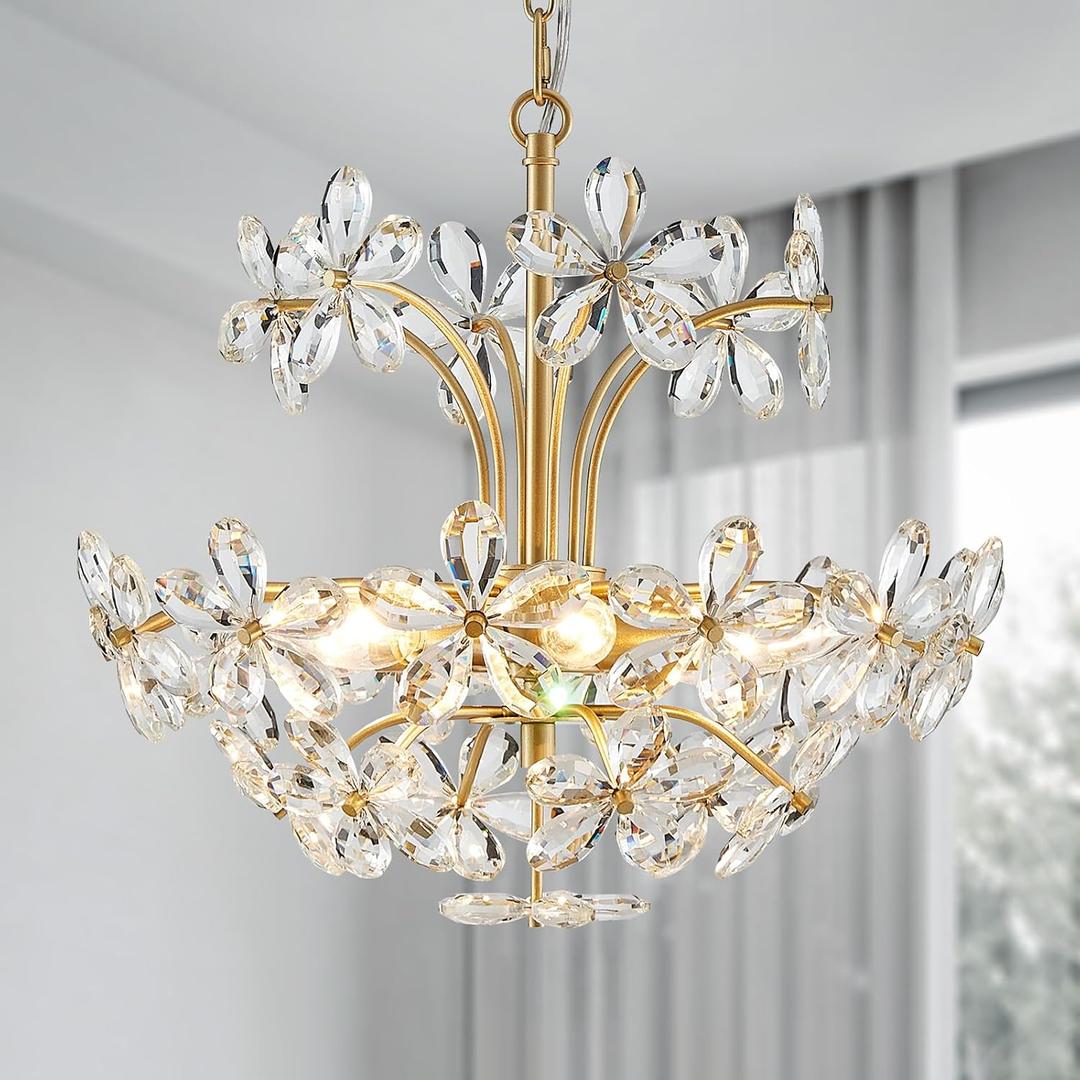WUZUPS Crystal Chandelier Pendant Flushmount Ceiling Light Modern Lighting Fixture for Bedroom Hallway Bar Kitchen Bathroom, H 15.7" x W 17.7", Gold, E12 Base