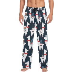 Mens Pajama Pants Cute Christmas Llamas Alpaca Lounge Pants with Pockets,Elastic Waist Sleep Bottoms (Large)