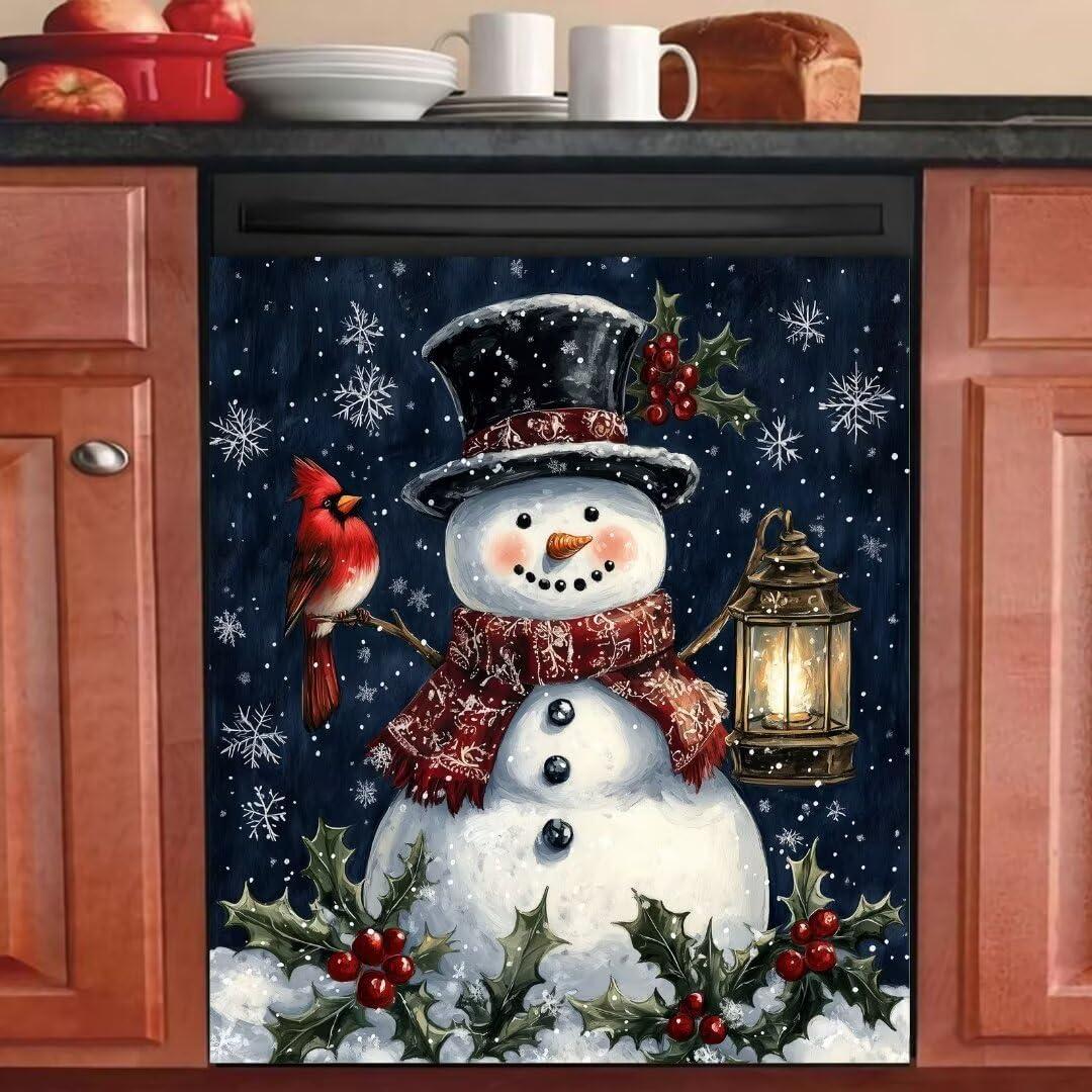 Snowman Cardinal Hello Winter Magnetic Dishwasher Cover,Snowflake Christmas Dishwasher Magnet Cover Decal for Front Panel,Dishwasher Sticker Refrigerator Magnets,Appliance Wrap Skin (0913-qtjy-sticker2-7)