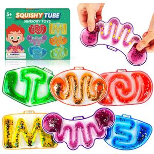 Sensory Fidget Toys for Kids Toddlers - Squishy Sensory Products for Autistic Autism Children Special Needs, Fidgets for Classroom Stress Anxiety Calm Down, Squeeze Sensory Tube Filled Goo, Glitter 6 Pack