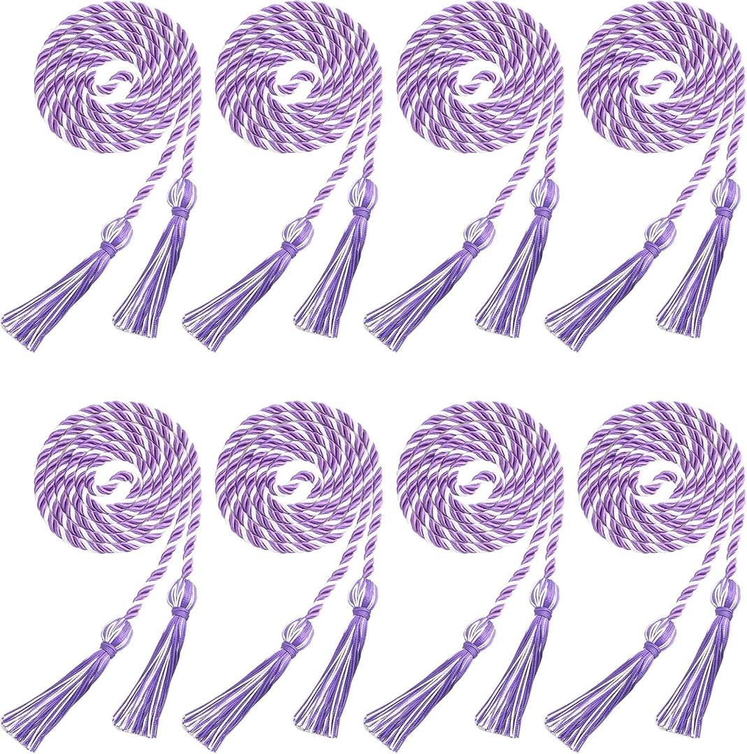 Trounistro 8 Pieces Graduation Cords Yarn Honor Cords with Tassel for College Graduation Students (White with Purple)