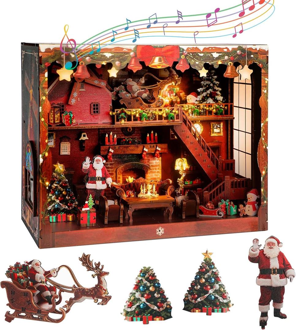 DIY Miniature House, LED Lighting Book Nook Kit Dollhouse Kit,Music Box Dollhouse, 3D Wooden Puzzle with Dust Cover,Gifts for Family, Friends,Christmas(Christmas Carnival)