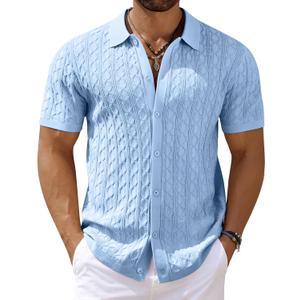 COOFANDY Men's Knit Short Sleeve Shirts Button Down Vintage Knitted Polo Shirt Casual Beach Crochet Cable Vacation Shirt (Blue, L)