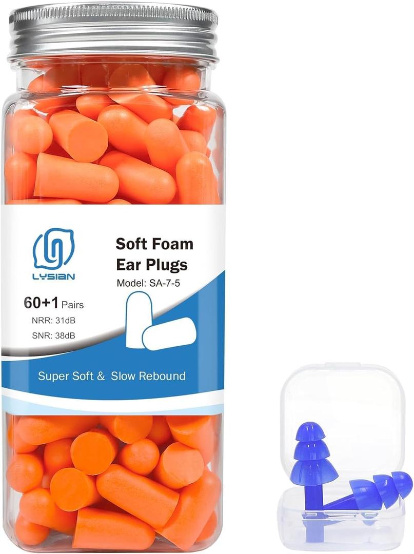 LYSIAN Soft Foam Earplugs 38dB SNR, 60 Pairs, Disposable Noise Cancelling Ear Plugs for Snoring, Work, Sleeping, Industrial, Shooting Range Hearing Protection- Orange